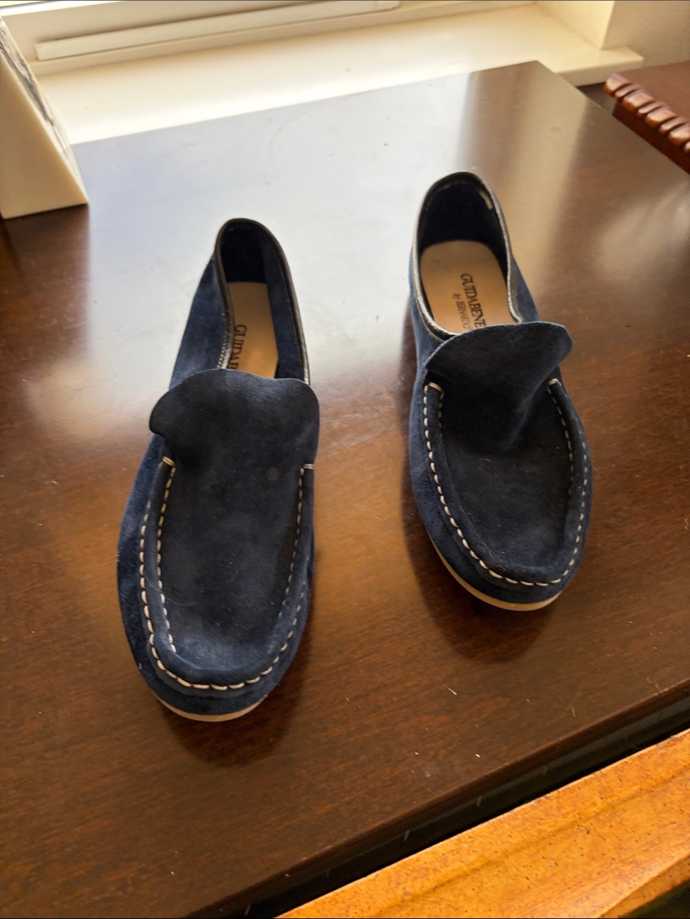 Bernardo Men's Navy Suede Slip-On Loafers with Contrast Stitch